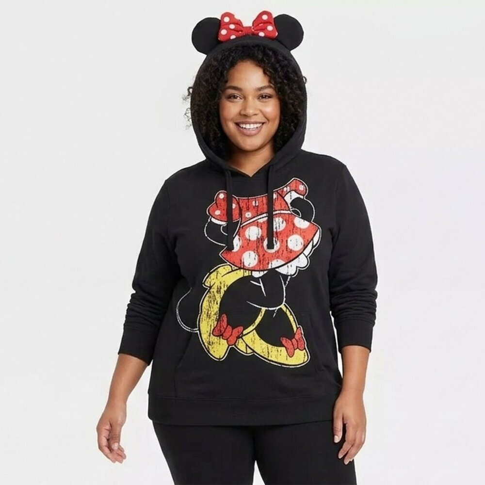 Disney Parks Minnie Mouse Ear Hoodie XXL Black Red Bow Polka Dot Pullover Rare